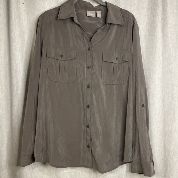 Chico's Tops - Chicos Shirt Brown Long Slv Button Up - Front Pockets - Soft Modal Size 2=Large